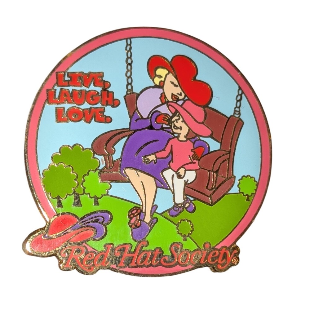 Red Hat Society Live Laugh Love Enamel Pin 2009 Women on Swing Gold Tone Backing